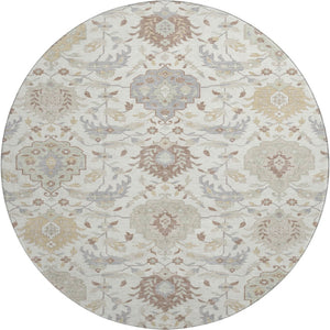 HomeRoots 8' Ivory Beige and Gray Damask Round Rug - Washable, UV Protected, Stain Resistant, Elegant Design 680550