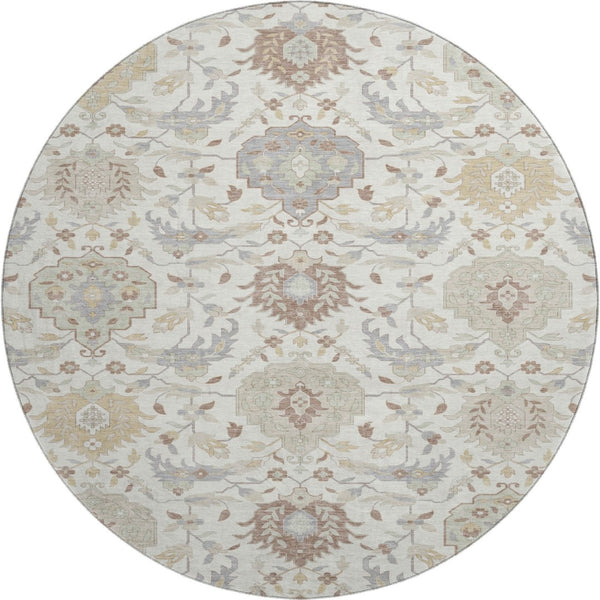 HomeRoots 8' Ivory Beige and Gray Damask Round Rug - Washable, UV Protected, Stain Resistant, Elegant Design 680550