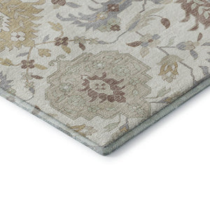 HomeRoots 8' Ivory Beige and Gray Damask Round Rug - Washable, UV Protected, Stain Resistant, Elegant Design 680550