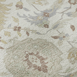 HomeRoots 8' Ivory Beige and Gray Damask Round Rug - Washable, UV Protected, Stain Resistant, Elegant Design 680550