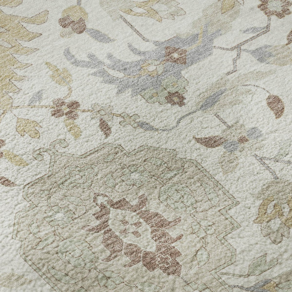 HomeRoots 8' Ivory Beige and Gray Damask Round Rug - Washable, UV Protected, Stain Resistant, Elegant Design 680550