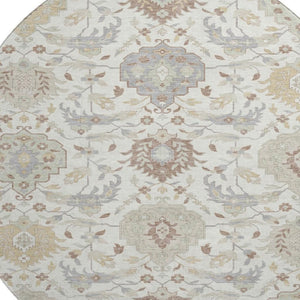 HomeRoots 8' Ivory Beige and Gray Damask Round Rug - Washable, UV Protected, Stain Resistant, Elegant Design 680550