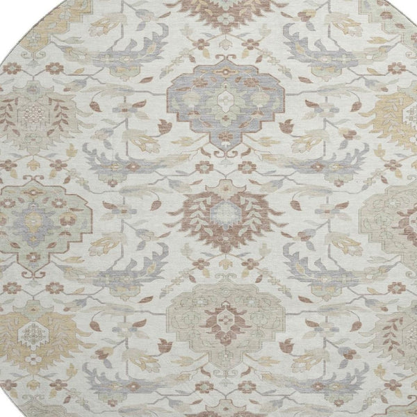 HomeRoots 8' Ivory Beige and Gray Damask Round Rug - Washable, UV Protected, Stain Resistant, Elegant Design 680550