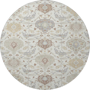 HomeRoots 8' Ivory Beige and Gray Damask Round Rug - Washable, UV Protected, Stain Resistant, Elegant Design 680550