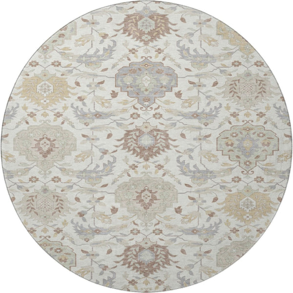 HomeRoots 8' Ivory Beige and Gray Damask Round Rug - Washable, UV Protected, Stain Resistant, Elegant Design 680550