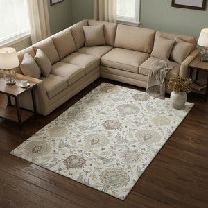 HomeRoots 8' X 10' Ivory Beige Gray Damask Area Rug - Washable, UV Protected, Stain-Resistant Luxury Design 680551