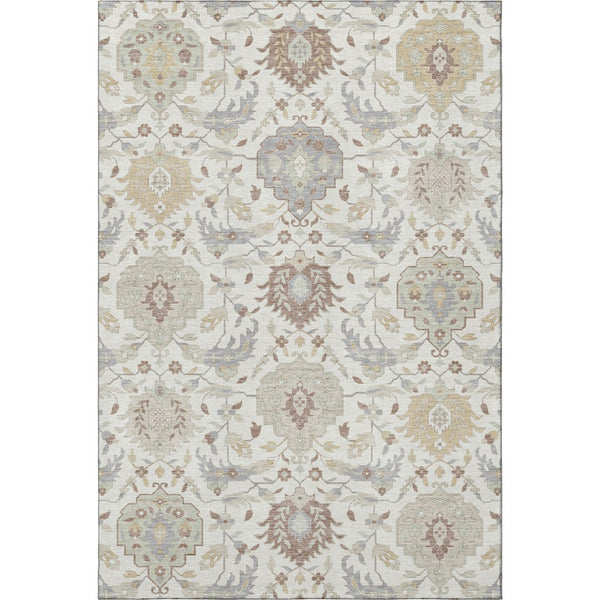 HomeRoots 8' X 10' Ivory Beige Gray Damask Area Rug - Washable, UV Protected, Stain-Resistant Luxury Design 680551