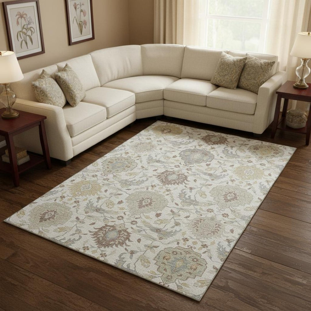 HomeRoots 9' X 12' Ivory Beige & Gray Damask Area Rug - Durable, Stain-Resistant, UV Protected for Homes 680552