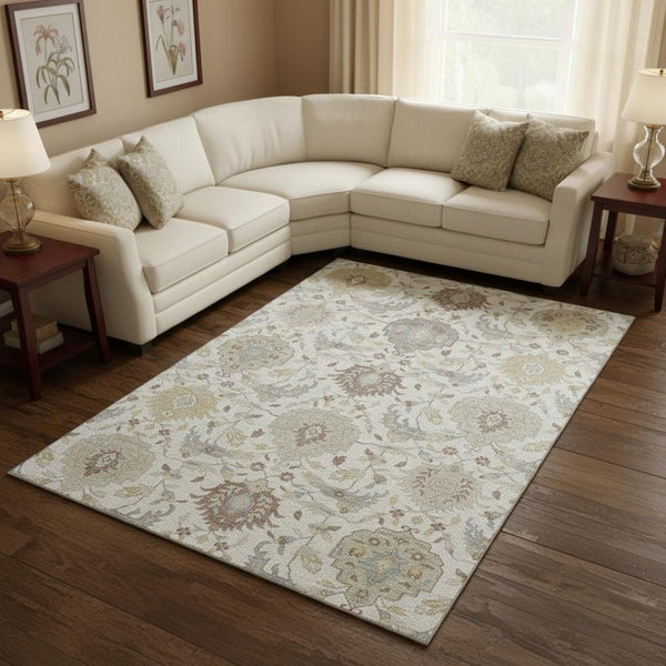 HomeRoots 9' X 12' Ivory Beige & Gray Damask Area Rug - Durable, Stain-Resistant, UV Protected for Homes 680552