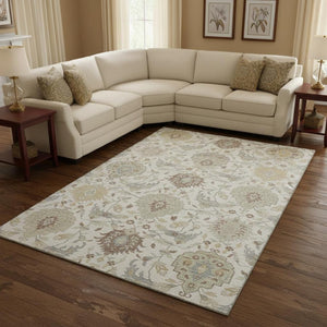 HomeRoots 10' X 14' Ivory Beige & Gray Damask Washable Area Rug - Durable Elegance with UV Protection! 680553