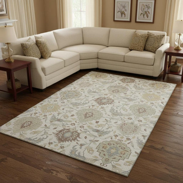 HomeRoots 10' X 14' Ivory Beige & Gray Damask Washable Area Rug - Durable Elegance with UV Protection! 680553