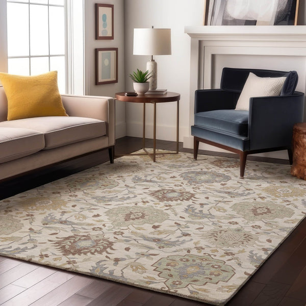 HomeRoots 10' X 14' Ivory Beige & Gray Damask Washable Area Rug - Durable Elegance with UV Protection! 680553