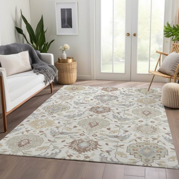 HomeRoots 10' X 14' Ivory Beige & Gray Damask Washable Area Rug - Durable Elegance with UV Protection! 680553