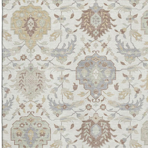 HomeRoots 10' X 14' Ivory Beige & Gray Damask Washable Area Rug - Durable Elegance with UV Protection! 680553