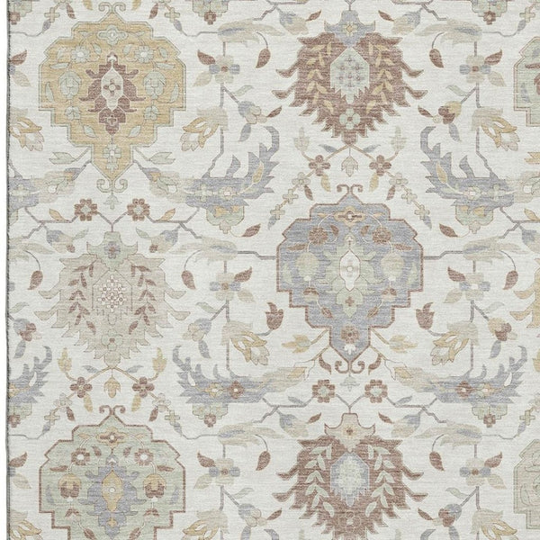 HomeRoots 10' X 14' Ivory Beige & Gray Damask Washable Area Rug - Durable Elegance with UV Protection! 680553