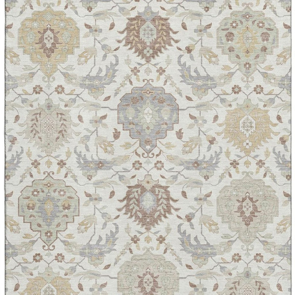 HomeRoots 10' X 14' Ivory Beige & Gray Damask Washable Area Rug - Durable Elegance with UV Protection! 680553