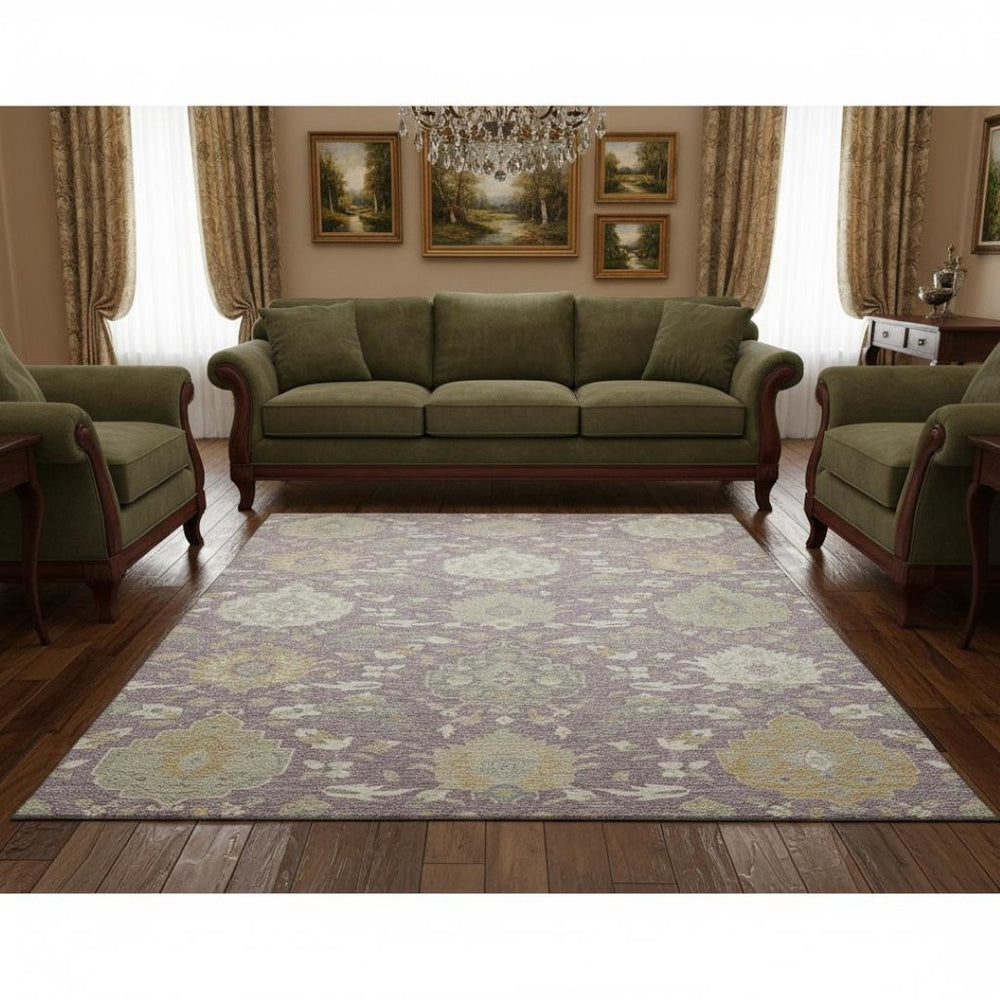 HomeRoots 5' X 8' Elegant Lavender Gold Ivory Damask Area Rug - Washable, UV Protected, Durable & Stylish! 680555