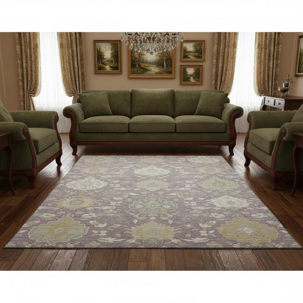 HomeRoots 5' X 8' Elegant Lavender Gold Ivory Damask Area Rug - Washable, UV Protected, Durable & Stylish! 680555