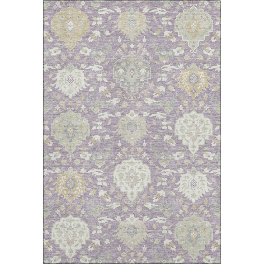 HomeRoots 5' X 8' Elegant Lavender Gold Ivory Damask Area Rug - Washable, UV Protected, Durable & Stylish! 680555