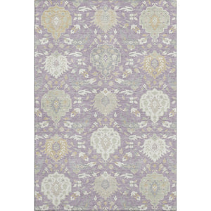 HomeRoots 5' X 8' Elegant Lavender Gold Ivory Damask Area Rug - Washable, UV Protected, Durable & Stylish! 680555