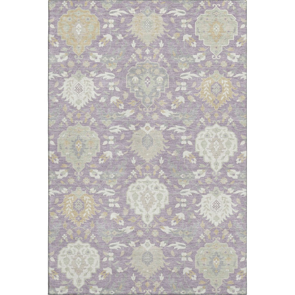 HomeRoots 5' X 8' Elegant Lavender Gold Ivory Damask Area Rug - Washable, UV Protected, Durable & Stylish! 680555