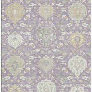 HomeRoots 5' X 8' Elegant Lavender Gold Ivory Damask Area Rug - Washable, UV Protected, Durable & Stylish! 680555