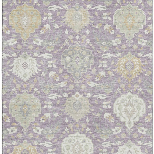 HomeRoots 5' X 8' Elegant Lavender Gold Ivory Damask Area Rug - Washable, UV Protected, Durable & Stylish! 680555