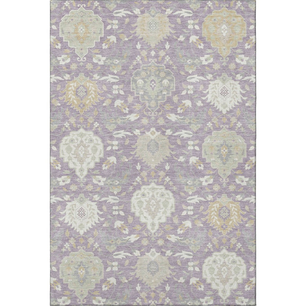 HomeRoots 5' X 8' Elegant Lavender Gold Ivory Damask Area Rug - Washable, UV Protected, Durable & Stylish! 680555