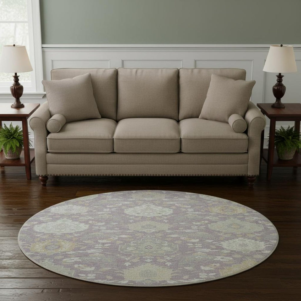 HomeRoots 8' Elegant Lavender, Gold & Ivory Damask Round Rug with Stain Resistance and UV Protection - Stylish Comfort! 680556