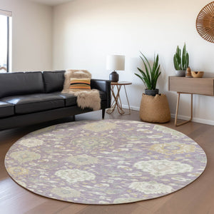 HomeRoots 8' Elegant Lavender, Gold & Ivory Damask Round Rug with Stain Resistance and UV Protection - Stylish Comfort! 680556