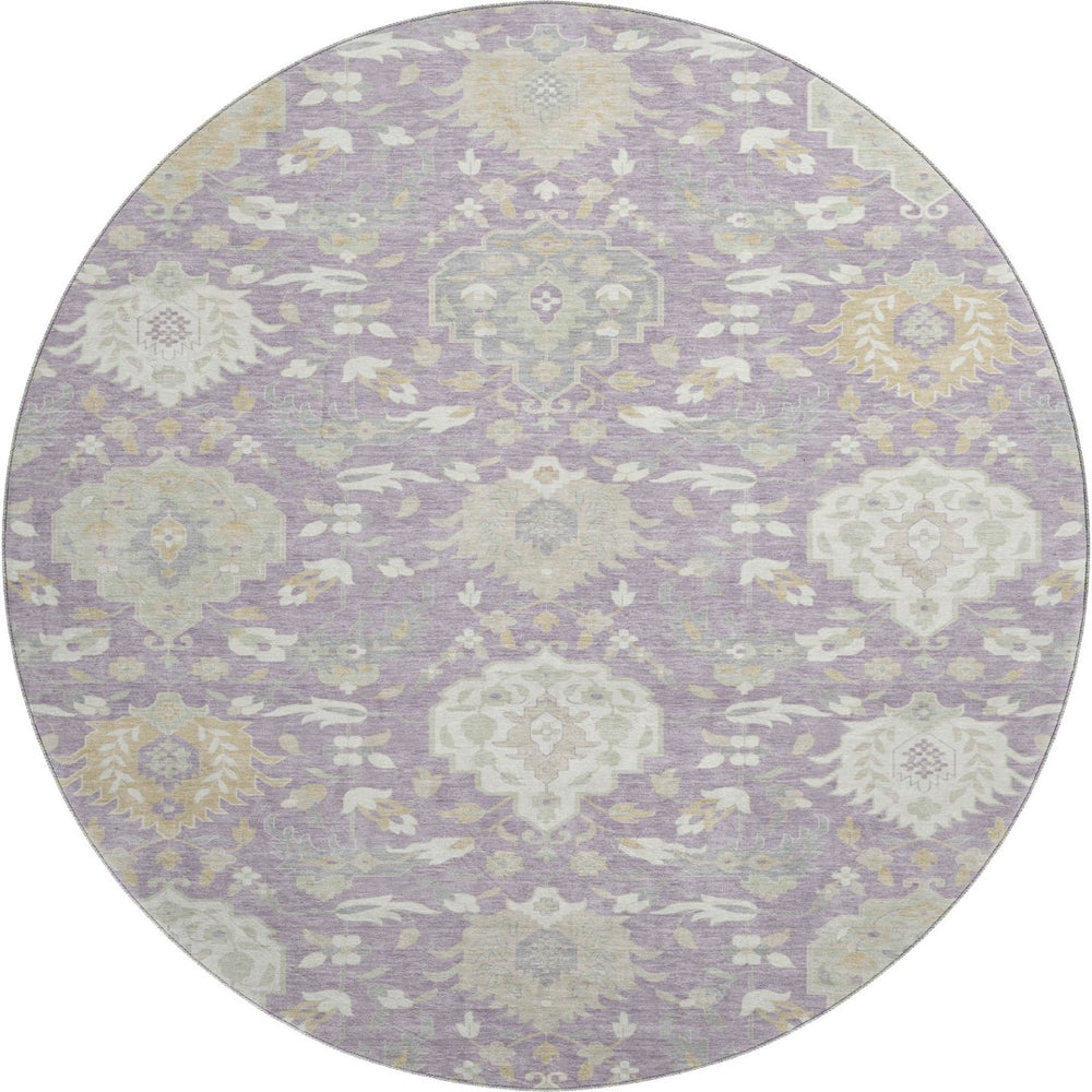 HomeRoots 8' Elegant Lavender, Gold & Ivory Damask Round Rug with Stain Resistance and UV Protection - Stylish Comfort! 680556