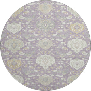 HomeRoots 8' Elegant Lavender, Gold & Ivory Damask Round Rug with Stain Resistance and UV Protection - Stylish Comfort! 680556