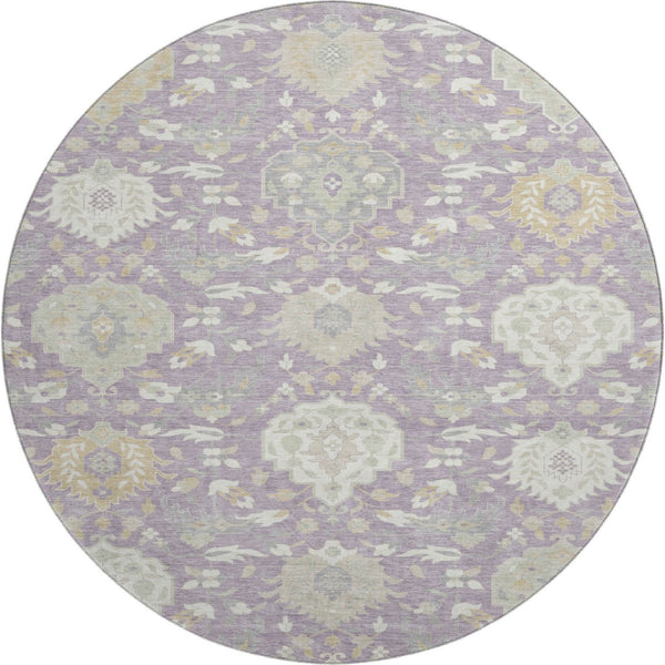 HomeRoots 8' Elegant Lavender, Gold & Ivory Damask Round Rug with Stain Resistance and UV Protection - Stylish Comfort! 680556