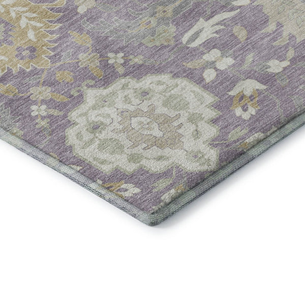 HomeRoots 8' Elegant Lavender, Gold & Ivory Damask Round Rug with Stain Resistance and UV Protection - Stylish Comfort! 680556