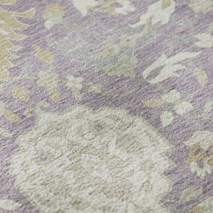 HomeRoots 8' Elegant Lavender, Gold & Ivory Damask Round Rug with Stain Resistance and UV Protection - Stylish Comfort! 680556