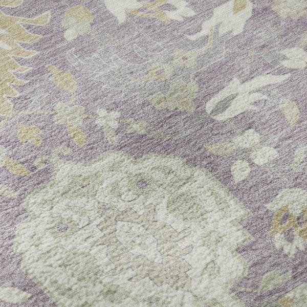 HomeRoots 8' Elegant Lavender, Gold & Ivory Damask Round Rug with Stain Resistance and UV Protection - Stylish Comfort! 680556