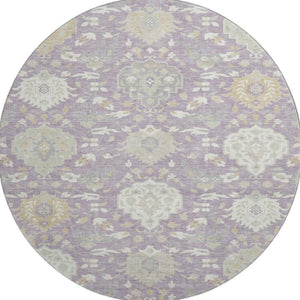 HomeRoots 8' Elegant Lavender, Gold & Ivory Damask Round Rug with Stain Resistance and UV Protection - Stylish Comfort! 680556