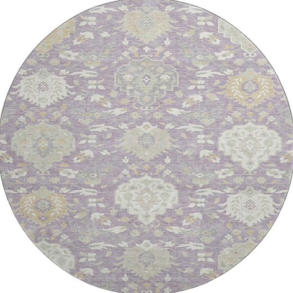 HomeRoots 8' Elegant Lavender, Gold & Ivory Damask Round Rug with Stain Resistance and UV Protection - Stylish Comfort! 680556