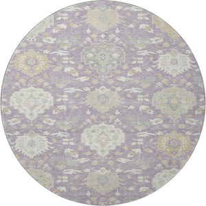HomeRoots 8' Elegant Lavender, Gold & Ivory Damask Round Rug with Stain Resistance and UV Protection - Stylish Comfort! 680556