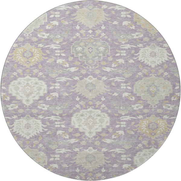 HomeRoots 8' Elegant Lavender, Gold & Ivory Damask Round Rug with Stain Resistance and UV Protection - Stylish Comfort! 680556