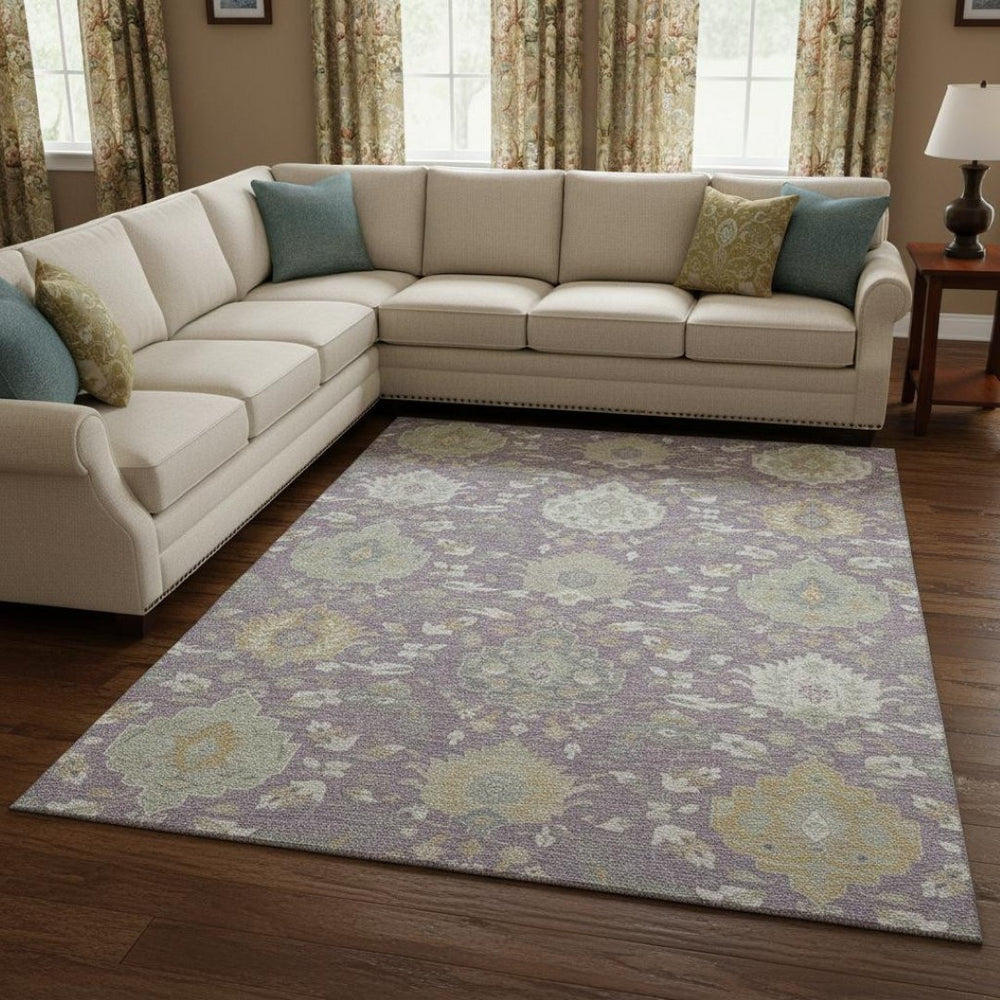 HomeRoots 8' X 10' Elegant Lavender Gold Ivory Damask Washable Area Rug with UV Protection for Homes 680557