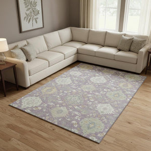 HomeRoots 9' X 12' Elegant Lavender Gold & Ivory Damask Area Rug – Durable, Washable, UV Protected Luxury 680558