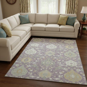 HomeRoots 10' Elegant Lavender Gold Ivory Damask Area Rug - Washable, UV Protected & Family-Friendly Design! 680559