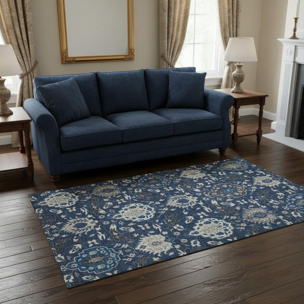 HomeRoots 5' X 8' Elegant Navy Blue Ivory Charcoal Damask Area Rug - Washable, UV Protected for Busy Homes 680561