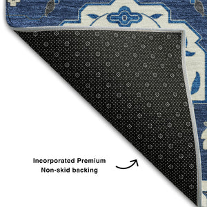 HomeRoots 5' X 8' Elegant Navy Blue Ivory Charcoal Damask Area Rug - Washable, UV Protected for Busy Homes 680561