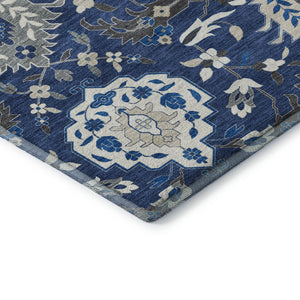 HomeRoots 5' X 8' Elegant Navy Blue Ivory Charcoal Damask Area Rug - Washable, UV Protected for Busy Homes 680561