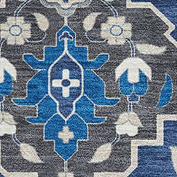 HomeRoots 5' X 8' Elegant Navy Blue Ivory Charcoal Damask Area Rug - Washable, UV Protected for Busy Homes 680561