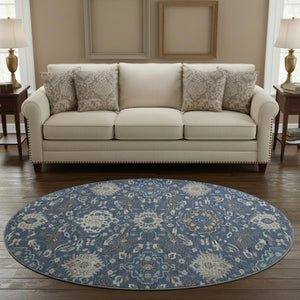 HomeRoots 8' Navy Blue, Ivory & Charcoal Damask Round Rug – Washable, Stain Resistant, UV Protected Luxury Decor 680562