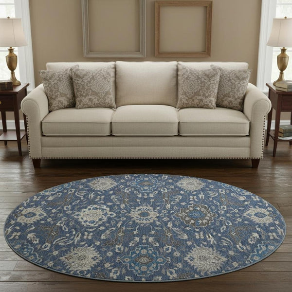 HomeRoots 8' Navy Blue, Ivory & Charcoal Damask Round Rug – Washable, Stain Resistant, UV Protected Luxury Decor 680562