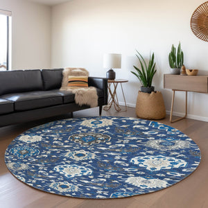 HomeRoots 8' Navy Blue, Ivory & Charcoal Damask Round Rug – Washable, Stain Resistant, UV Protected Luxury Decor 680562